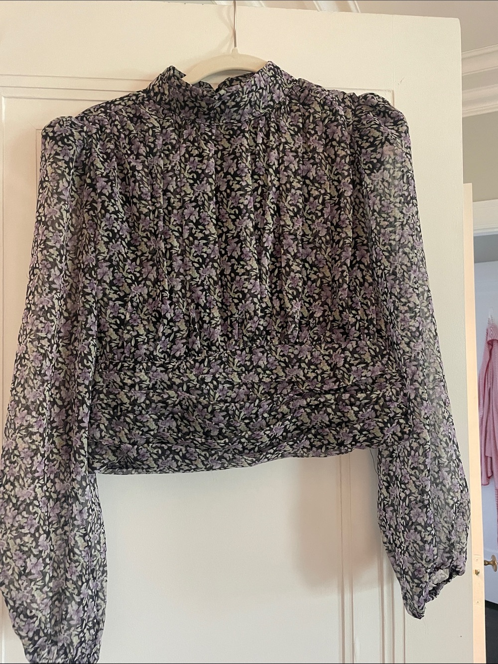 Astr Sheer Black Blouse with Lavender Floral Print